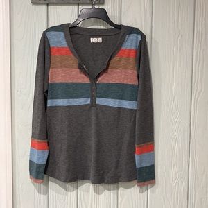 Maurice’s long sleeve tee, grey with multi color stripes, snaps, size large